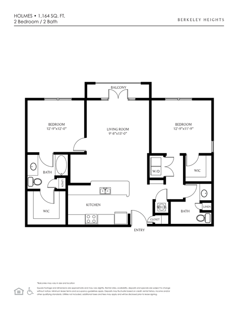 Floor plan for 2 beds, 2 baths, 1164 sqft